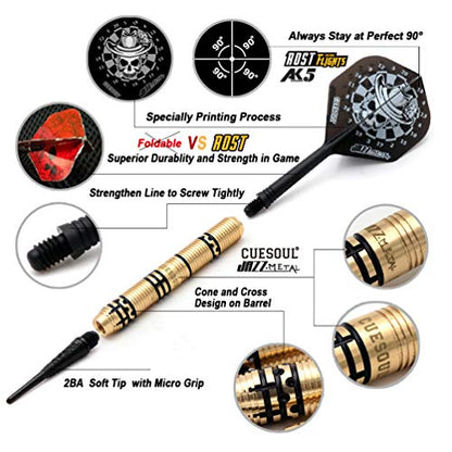 CUESOUL Jazz - Soft Tip Darts Set 19 Grams with 6pcs AK5 Plastic Integrated Flights & 36pcs Plastic Tips for Electronic Dart Board - color: Black Rose + White Skull