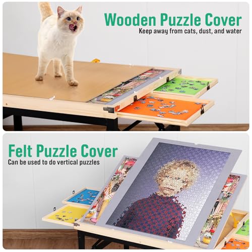Puzzle Table with Drawers and Folding Metal Legs, 1500 Pieces Portable Puzzle Board with Cover, No Assembly Required, 3 Adjustable Tilting Angles, Easy to Move, Birthday Gift for Mom Seniors