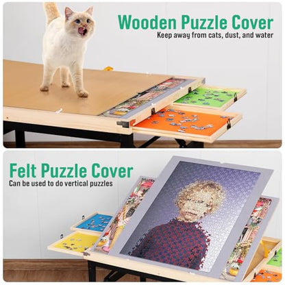 Puzzle Table with Drawers and Folding Metal Legs, 1500 Pieces Portable Puzzle Board with Cover, No Assembly Required, 3 Adjustable Tilting Angles, Easy to Move, Birthday Gift for Mom Seniors