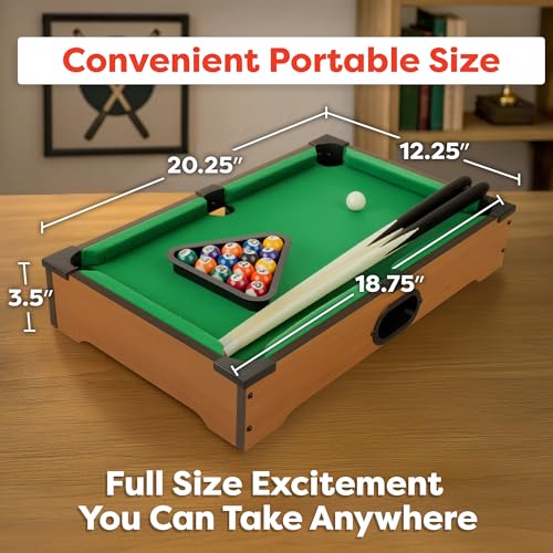 Mini Pool Table - 20-Inch Portable Tabletop Billiards Game with Cue Balls, Sticks, Chalk, Brush, and Triangle Rack - Table Games by Hey Play