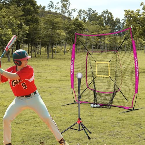 Storgem Baseball and Softball Practice Net 7×7ft Portable Hitting Pitching Batting Training Net Baseball Backstop Net with Batting Tee and Strike Zone and Bow Frame - color: Purple