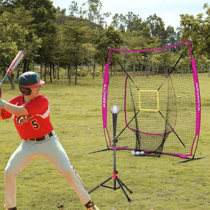 Storgem Baseball and Softball Practice Net 7×7ft Portable Hitting Pitching Batting Training Net Baseball Backstop Net with Batting Tee and Strike Zone and Bow Frame - color: Purple