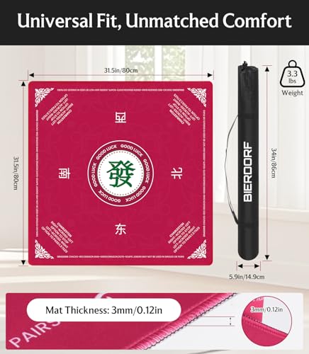 BIERDORF American Mahjong Mat 31.5"x31.5", 3mm Thick Non-Slip Table Cover, Noise Reducing Game Mat with Carrying Bag for Mahjong, Card Games, Game Night & Travel, Red