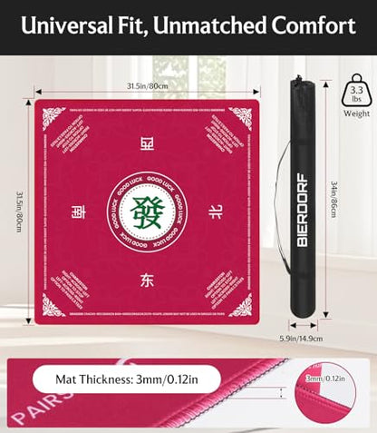 BIERDORF American Mahjong Mat 31.5"x31.5", 3mm Thick Non-Slip Table Cover, Noise Reducing Game Mat with Carrying Bag for Mahjong, Card Games, Game Night & Travel, Red