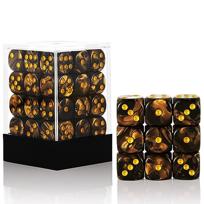 36 of Pack 12MM 6 Sided Dice Set,Two Colours D6 Game Dice Set, 6 Sided Standard Dices for Yahtzee, Bunco,with Portable Plastic Box(Golden+Black) - color: Golden Black Swirl