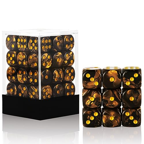 36 of Pack 12MM 6 Sided Dice Set,Two Colours D6 Game Dice Set, 6 Sided Standard Dices for Yahtzee, Bunco,with Portable Plastic Box(Golden+Black) - color: Golden Black Swirl