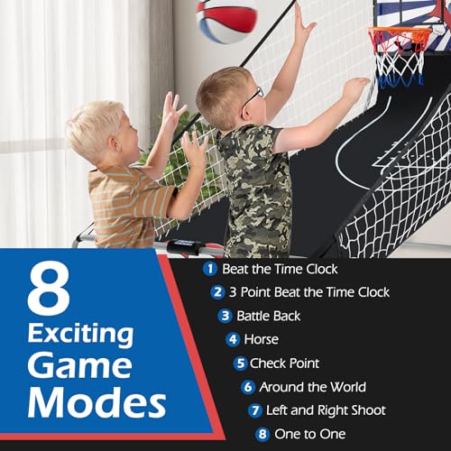 GYMAX Arcade Basketball Game Indoor Foldable with 8 Game Modes, Arcade Sound, 4 Balls and Inflation Pump, Electronic Basketball Games for Home - color: White+blue