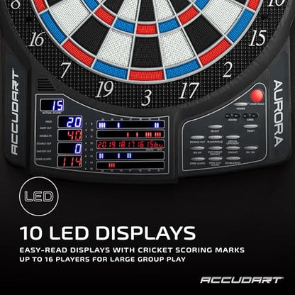 Accudart Aurora 15.5” Tournament‑Size Electronic Dartboard – 41 Games, 323 Variations, 10 LED Displays for 16 Players, Virtual Opponent, Wide Catch Ring – Includes AC Adapter & Darts