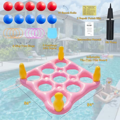 ECHTPower Tic-Tac-Toe Pool Toys Games - 2-in-1 Giant Inflatable Pool Floats with Ring Toss Set and 10 Balls, Fun Summer Party Water Beach Float Pool Game for Adults Teens Kids (Green) - color: Pink
