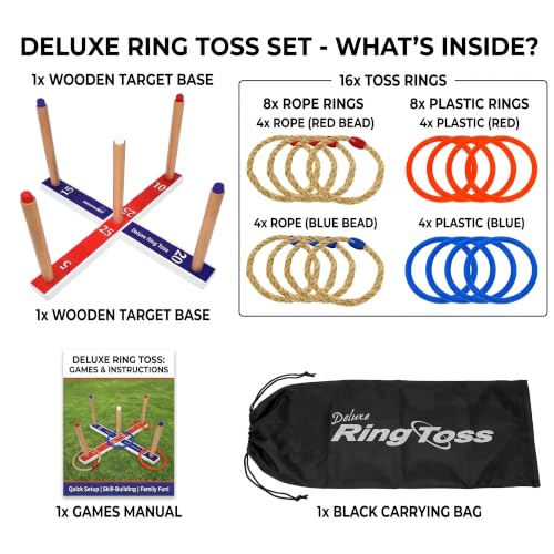 Funsparks Ring Toss Game for Kids & Adults — 16 Rings (8 Rope + 8 Plastic), Wooden Base & Carry Bag — Indoor Outdoor Backyard Lawn Game for Family, Parties, Camping — Ages 4+ Summer Fun Yard Game