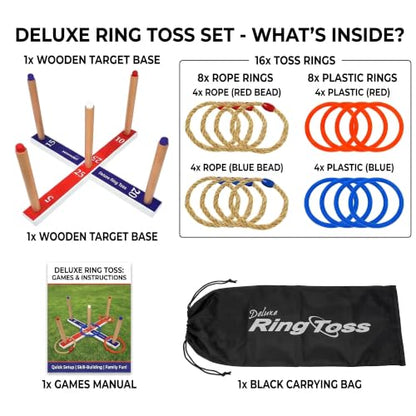 Funsparks Ring Toss Game for Kids & Adults — 16 Rings (8 Rope + 8 Plastic), Wooden Base & Carry Bag — Indoor Outdoor Backyard Lawn Game for Family, Parties, Camping — Ages 4+ Summer Fun Yard Game