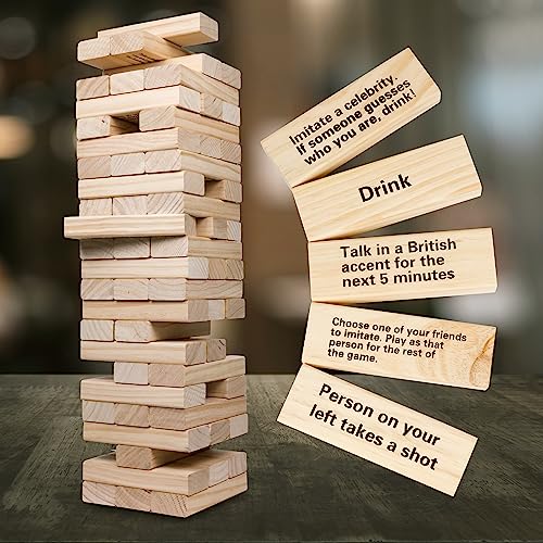 Extra Large Stack Tower Drinking Game w Carrying Case - Stack up to 5 Ft Tall- 60pcs Giant Wooden Blocks w Drinking Commands (21+ Only) - Fun Party Game for College & Adults