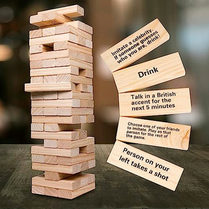 Extra Large Stack Tower Drinking Game w Carrying Case - Stack up to 5 Ft Tall- 60pcs Giant Wooden Blocks w Drinking Commands (21+ Only) - Fun Party Game for College & Adults