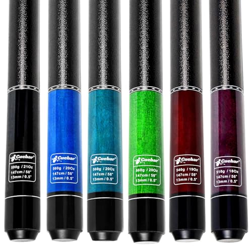Set of 6 Pool Cues for House Bar, 58" 2-Piece Maple Billiard Sticks | 6 cues 18-21oz: 6 assorted colors. Imitation leather grip. For commercial & family group. Gift/self-use - color: Purple+Red+Green+Teal+Blue+Black