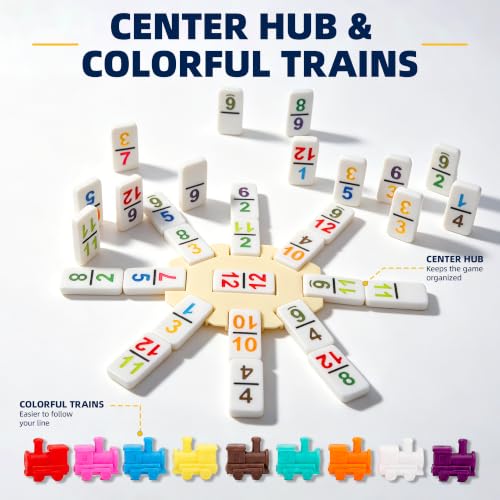 Mexican Train Dominoes Set Double 12 Number Domino Tiles, 91 Colorful Number Dominos Tiles with 8 Wooden Racks, Hub & Trains, Portable Domino Game Set for Adults Kids Families - style: Double 12 Number + 8 Racks