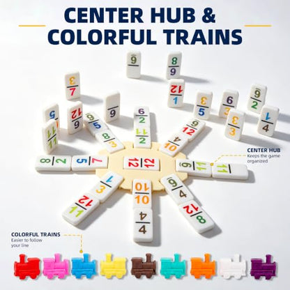 Mexican Train Dominoes Set Double 12 Number Domino Tiles, 91 Colorful Number Dominos Tiles with 8 Wooden Racks, Hub & Trains, Portable Domino Game Set for Adults Kids Families - style: Double 12 Number + 8 Racks