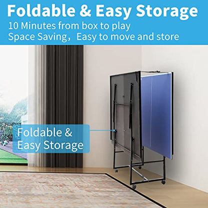9FT Ping Pong Table Rolling Foldable Table Tennis Table for with Net, Table Tennis Paddles and Balls, Multi-Use Family Game Table for Teenager Adult, Folded with Single Player Playback Mode