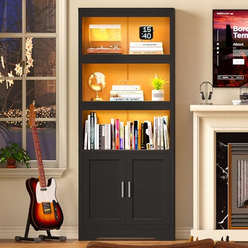 Book Shelf and Bookcase with Doors, 5-Tier Display Storage Cabinet with Adjustable Shelves, Open Compartments, Remote Control LED Lights, Tall cabinet for Bathroom Kitchen Living Room, Home Office - color: Black-01