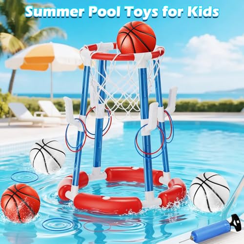 Pool Basketball Hoop, Floating Pool Toy for 3 4 5 6 7 8 9 Years Old Kids Ring Game with 4 Balls 8 Rings & Pump Outdoor Swimming Pool Basketball Games Water Play Toy Family Party for Kids Adults - style: Without Backboard