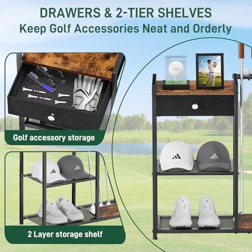 Large Golf Putter Stand, Golf Club Holder for 9 Clubs and 9 Balls Storage, Wood & Metal Golf Club Organizer, Golf Equipment Display Rack for Indoor Home Basement Garage, Club Simulator, Black
