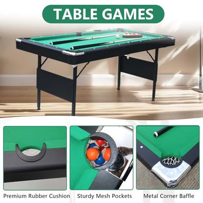 Billiards Table, 5.5 Ft Foldable Pool Table, Balls, Brush, Triangle Rackand, Chalk, for Basements, Adult Rrec Room and Family Game Room - color: Black+Green