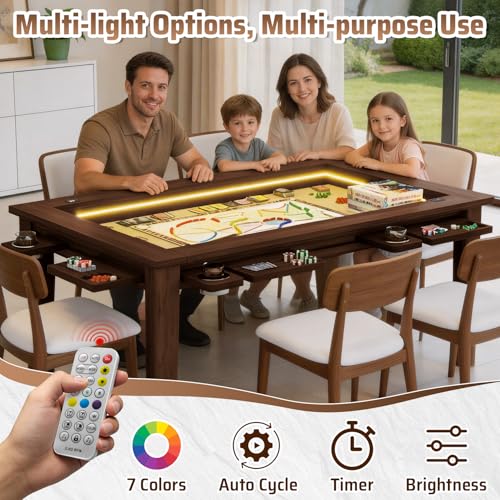 Haddockway Board Game Table with Adjustable Led Lights, 53.7in x 30.7in Play Area Removable Table Top Dining/Gaming Table with Charge Station, Play Mat, 6 Cup Holders & Trays (Black Walnut) - color: Blackwalnut With Led Light