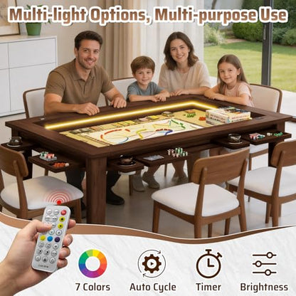 Haddockway Board Game Table with Adjustable Led Lights, 53.7in x 30.7in Play Area Removable Table Top Dining/Gaming Table with Charge Station, Play Mat, 6 Cup Holders & Trays (Black Walnut) - color: Blackwalnut With Led Light