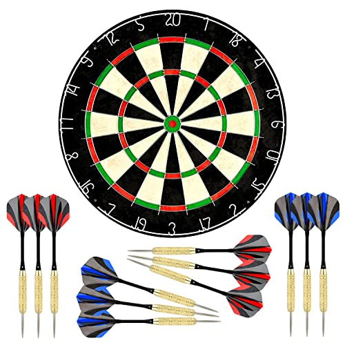 LinkVisions Dartboard with Staple-Free Bullseye, 18g Steel Tip Darts Set,12 Steel Tip Darts 18g, Dartboard Mounting Kits Included - style: Traipieler
