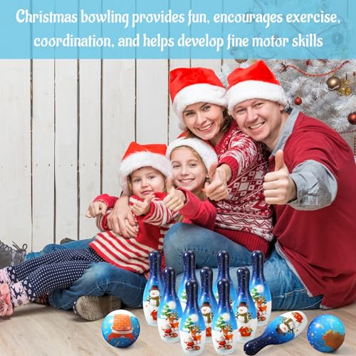 Libima 12 Pcs Christmas Bowling Set Santa Claus Snowman Bowling Set 10 Soft Foam Bowling Pins 2 Bowling Balls Set Toy Bowling Set for Game Indoor Outdoor Xmas Party Supplies - color: Blue, style: Snow