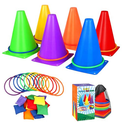 31 PCS Christmas Carnival Games, 3 in 1 Indoor Outdoor Bean Bag Ring Toss Games for Kids Birthday Party, Plastic Soft Cones Yard Lawn Game for Family Party Kid's Gift - size: 7"