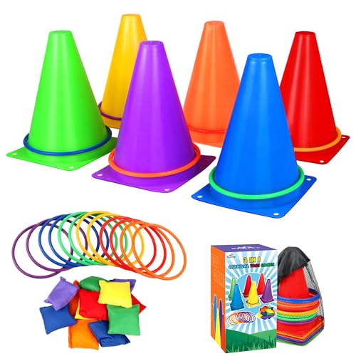31 PCS Christmas Carnival Games, 3 in 1 Indoor Outdoor Bean Bag Ring Toss Games for Kids Birthday Party, Plastic Soft Cones Yard Lawn Game for Family Party Kid's Gift - size: 7"