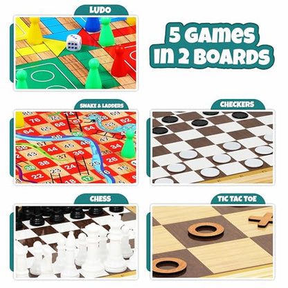 Ankit Toys & Games 5-in-1 Wooden Board Game Set Includes Ludo, Snakes & Ladders, Chess, Checkers, and Tic Tac Toe. Portable Fun for Kids, Adults and Family Game Nights | 2 Reversible Boards