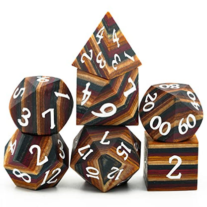 DND Dice Set 7PCS Wood Polyhedral Dice Set D&D with Metal Box for RPG Role Playing Tabletop Games (Yellow Striped) - color: Yellow Striped