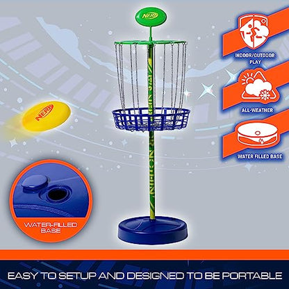 Nerf Disc Golf Starter Set - (3) Mini Golf Discs + (1) Target Basket Included - Complete Portable Set for Backyard + Beach Play