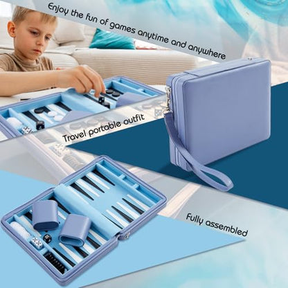 Jerify Travel Backgammon Set Board Games for Adults Portable Backgammon 9.4 x 7.1 inches Leatherette Case Classic Strategy Game for Families Companion Airplane, Camping(Blue) - color: Blue