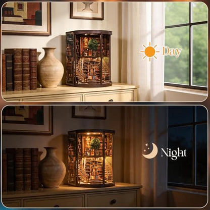Book Nook Kit, 3D Wooden Puzzles for Adults, DIY Miniature House Kit for Adults, Booknook with LED Light, Gifts for Family, Friends and Book Lovers, Bookshelf Decor(Wisdom Rings)