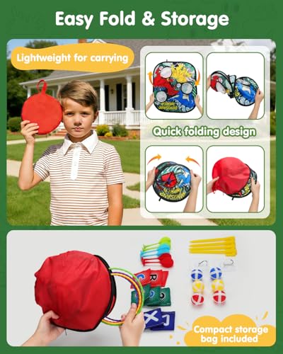 5-in-1 Bean Bag Toss Game for Kids Ages 3-8, Outdoor Cornhole Set with 3 Interchangeable Boards (Toss/Dart/Tic-Tac-Toe), Includes 8 Beanbags 6 Balls/Darts/Rings, Backyard Toys for Boys - style: Dinosaur