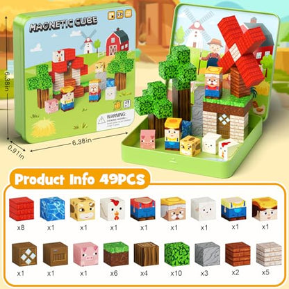 49 Pcs Farm Animals Magnetic Building Blocks Set for Toddlers 3-5, Travel Toys with Iron Storage Box, Magnetic Tiles & Cubes for Kids Ages 4-8, STEM Learning, Portable Play Base for Car Plane Trips - style: Farm Animals Magnetic Building Blocks Travel Set