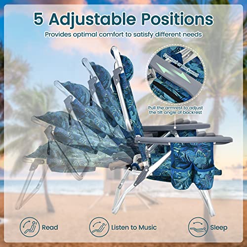 Tangkula Set of 2 Backpack Beach Chair, 5-Position Lay Flat Beach Chairs with Cooler Bag, 2 Cup Holders, Towel Bar, Lightweight Folding Beach Chair with Backpack Straps - color: Navy, style: 2 Pack