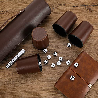 Leather Dice Cup Set, 5 Black Dice Cups + 25 Dices + Exclusive Storage and Transport Case Made of Faux Leather (Brown x2) - color: Brown X2