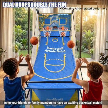 Foldable Indoor Basketball Arcade Game for Kids Teens Home (Blue) | Basketball Shooting Machine, Dual Shot 2 Player with LED Electronic Scorer 4 Balls & Pump for Adults Family Indoor Fun