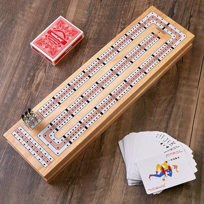 Vamslove Magnetic Cribbage Board 15'' Wooden Folding 3 Track Game Set, w/Instruction, Storage Slots for 2 Playing Cards/Pegs, Card Games for Travel Family Night