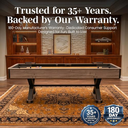 Hathaway Excalibur 9-Ft Shuffleboard Table for Great for Family Recreation Game Rooms, Designed with a Rustic Driftwood Finish with Built-In Leg Levelers, Includes 8 Pucks, Table Brush and Wax
