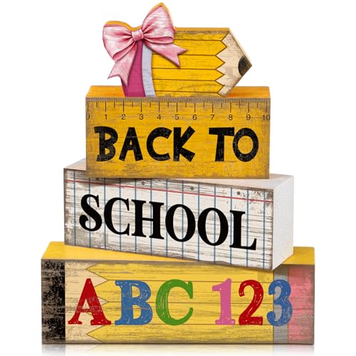 Lineshading 4 Pcs Back to School Table Decorations Wooden Pencil Stacked Block Decor, "ABC 123" Signs with Pencil Topper, Rustic Back to School Tiered Tray Decoration for Home Classroom Teacher Desk - style: Back to School 2