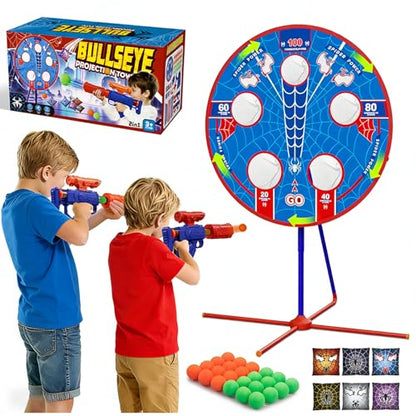 Spider Shooting Games Toys for Kids, Outdoor Indoor Yard Party Game with Rotating Target, 2 Air Blasters & 24 Foam Balls, 2-in-1 Bean Bag Toss Game for Boys Girls Ages 4 5 6 7 8 9 10+ Birthday Gift