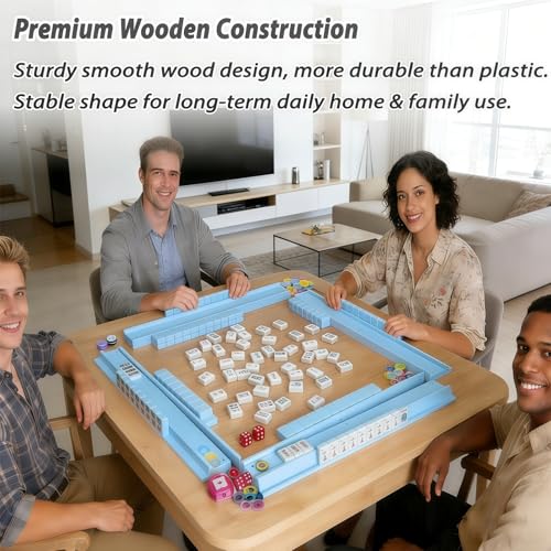 4 PCS Mahjong Racks with Pushers, Blue Wooden Mahjong Racks with Detachable Magnetic Pushers, Mahjong Tile Pushers and Racks, Includes Chips, Dice & Storage Bags, Mahjong Accessories (19.68 Inch) - color: Blue