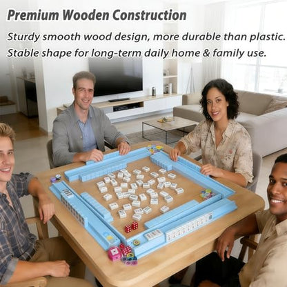 4 PCS Mahjong Racks with Pushers, Blue Wooden Mahjong Racks with Detachable Magnetic Pushers, Mahjong Tile Pushers and Racks, Includes Chips, Dice & Storage Bags, Mahjong Accessories (19.68 Inch) - color: Blue