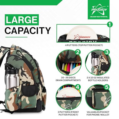 Prodigy Disc BP-1 V3 Disc Golf Backpack | Backpack Storage with 30+ Disc Capacity | Disc Golf Backpack Bag | Tear & Water Resistant | Golf Accessories for Men | Large Golf Disc Bags - color: Green Camo