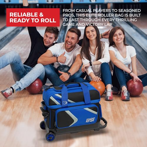 BSI Dash Roller Bowling Bag with Smooth Rolling Wheels, Padded Ball Compartment, Retractable Locking Handle, & Shoe Pocket - color: Black/Blue/Gray, style: Double