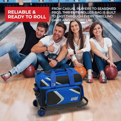 BSI Dash Roller Bowling Bag with Smooth Rolling Wheels, Padded Ball Compartment, Retractable Locking Handle, & Shoe Pocket - color: Black/Blue/Gray, style: Double